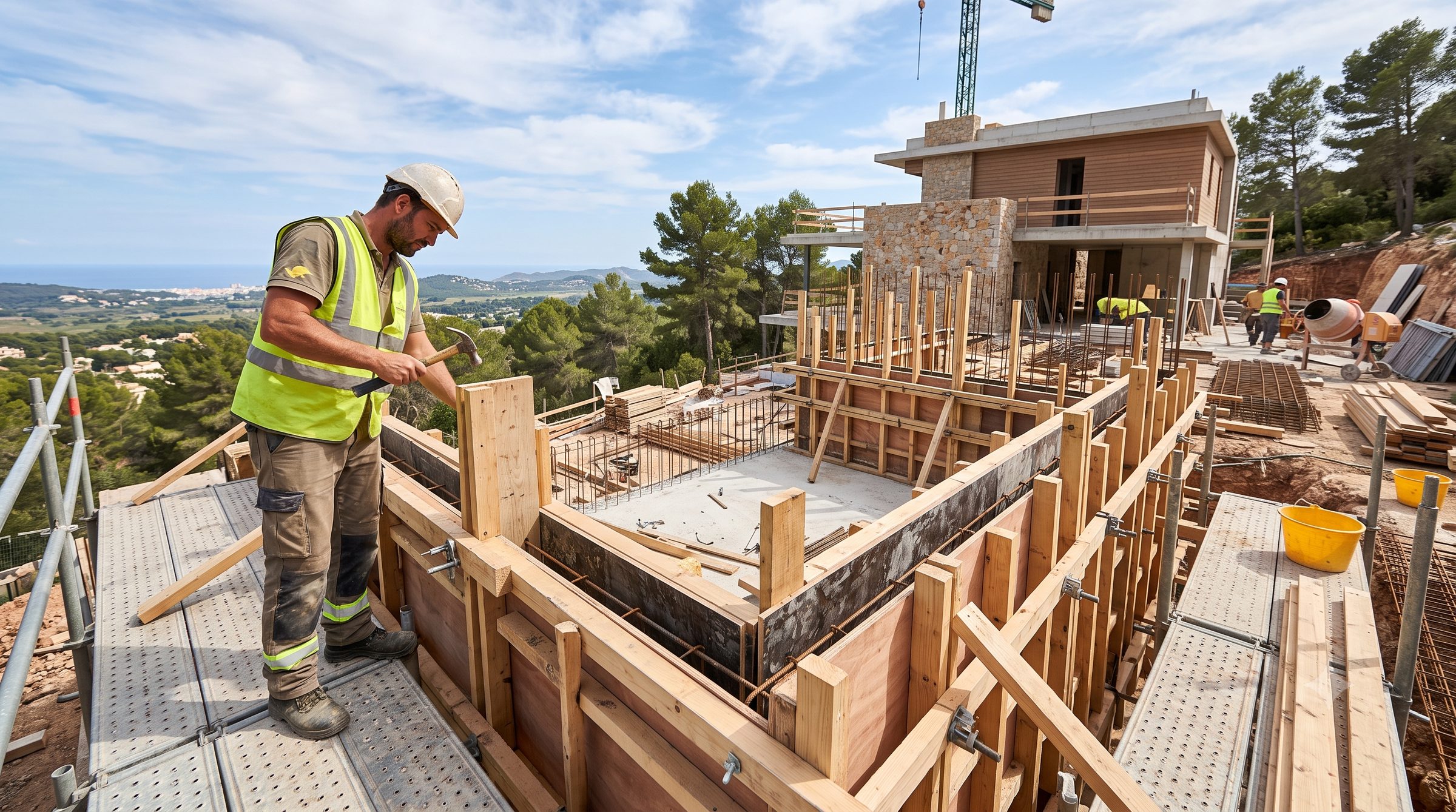 Operario de J&A encofrando el muro de una vivienda en construcción con vistas al mar, Islas Baleares